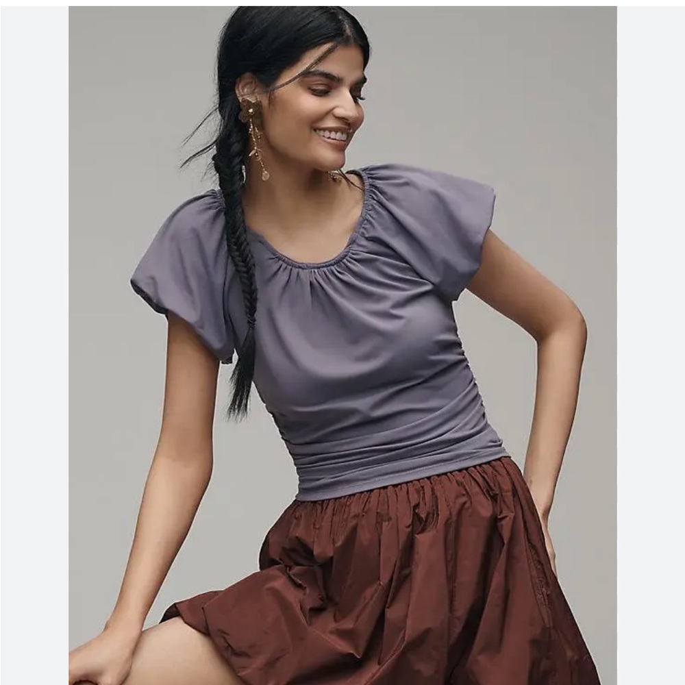 Anthropologie Ruched Cap sleeve Top
NWT size Medium Soft Lavender